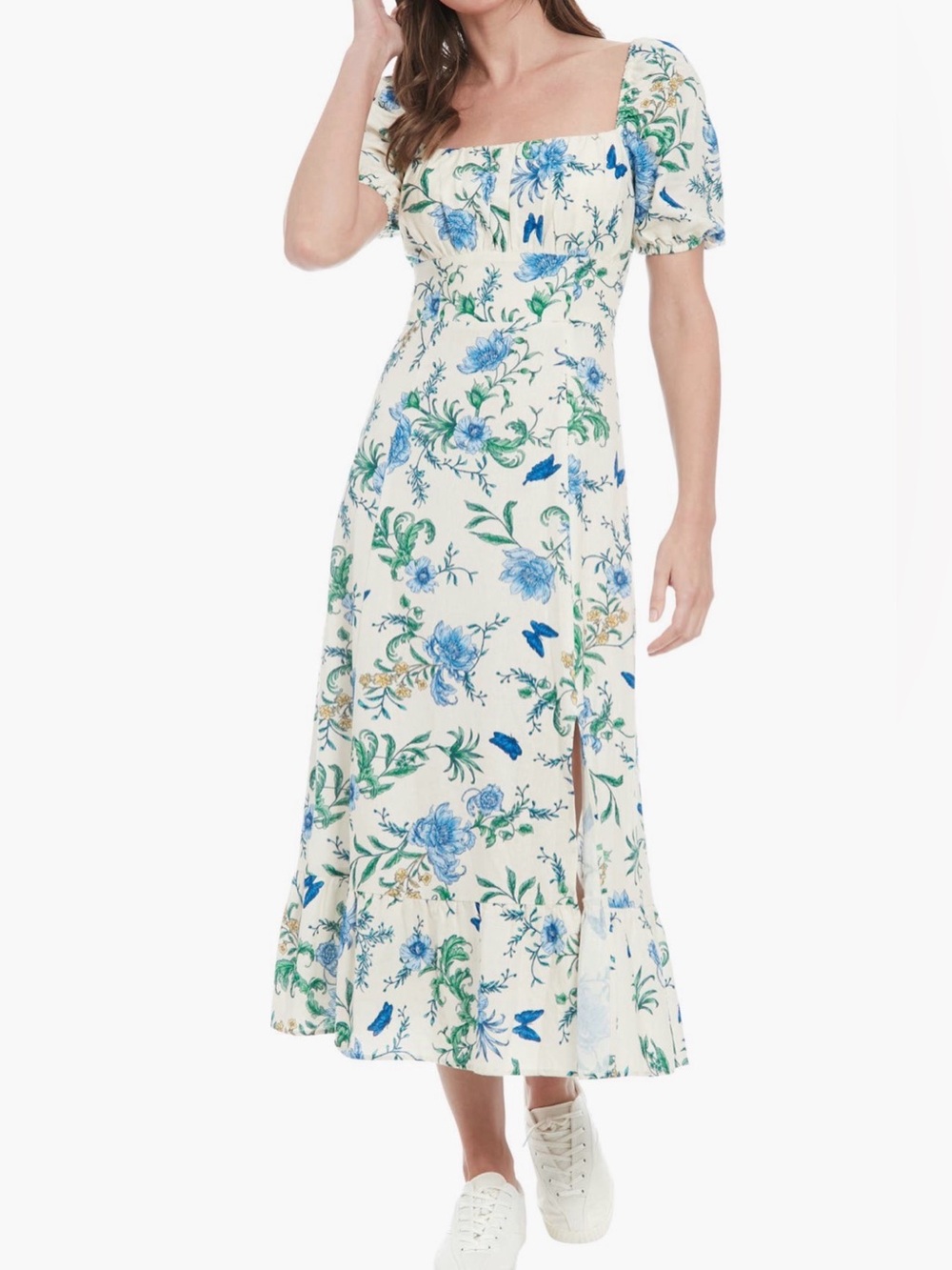 London Times Petites Linen Blend Blue Floral Butterfly Midi Dress 10P